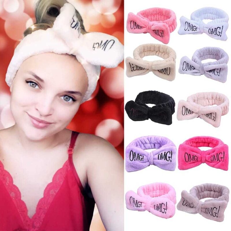 OMG Letter Coral Fleece Wash Face Bow Hairbands For Women Girls - Image 4