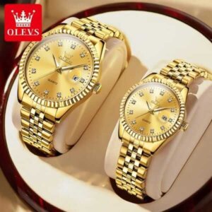 OLEVS 5526 Stainless Steel Analog Couple Watch For Men - Golden