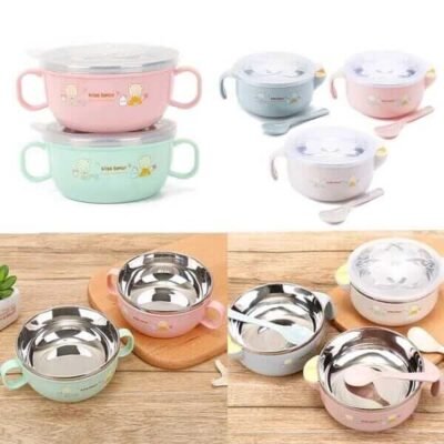 Baby Feeding Bowl Spoon Set Handle Training Bowl Stainless Steel