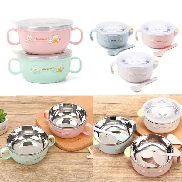 Baby Feeding Bowl Spoon Set Handle Training Bowl Stainless Steel