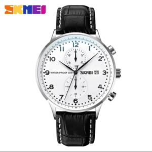 Skmei 9301 Leather Quartz Fashion Watch Men's For- Black & White