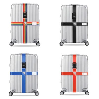 Heavy-duty adjustable password lock luggage strap secured around a black suitcase for anti-theft travel protection
