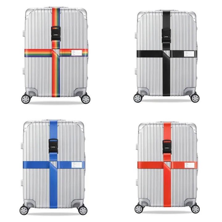 Heavy-duty adjustable password lock luggage strap secured around a black suitcase for anti-theft travel protection